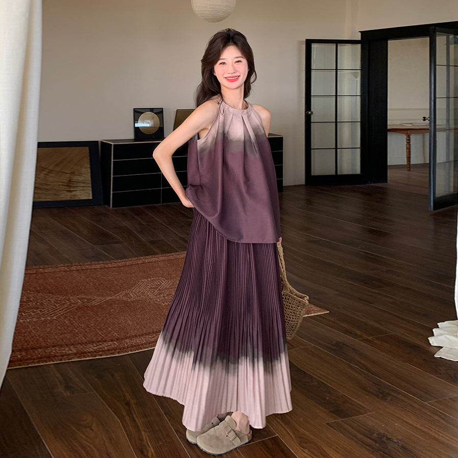 2点セット!【セットアップ】パープル グラデーション 上下セット レディース 夏 高級感 ヴィンテージ風 ゆったり キャミソール + スカート【SHシリーズ】
