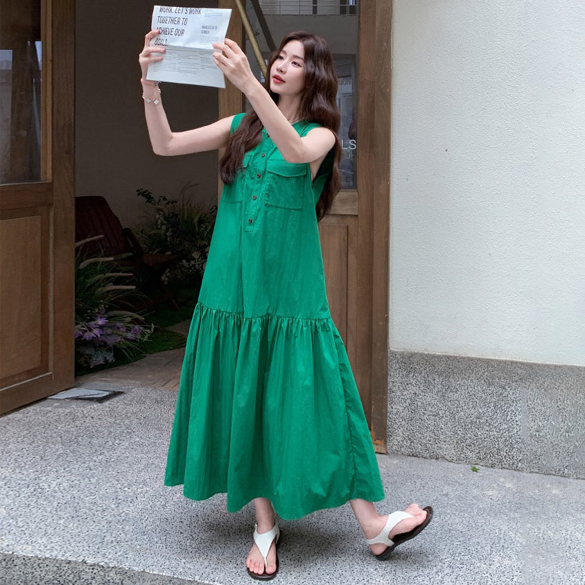 【ワンピース】ミントグリーン ノースリーブ ギャザー ワンピース 森ガール風 シャツワンピース 夏【JZシリーズ】