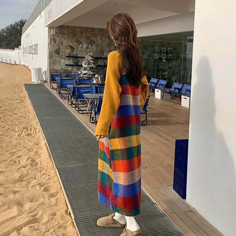 2点セット【セットアップ】韓国風 春秋 カラフルドーパミンチェック キャミワンピースセット レディース【SHシリーズ】【JZシリーズ】