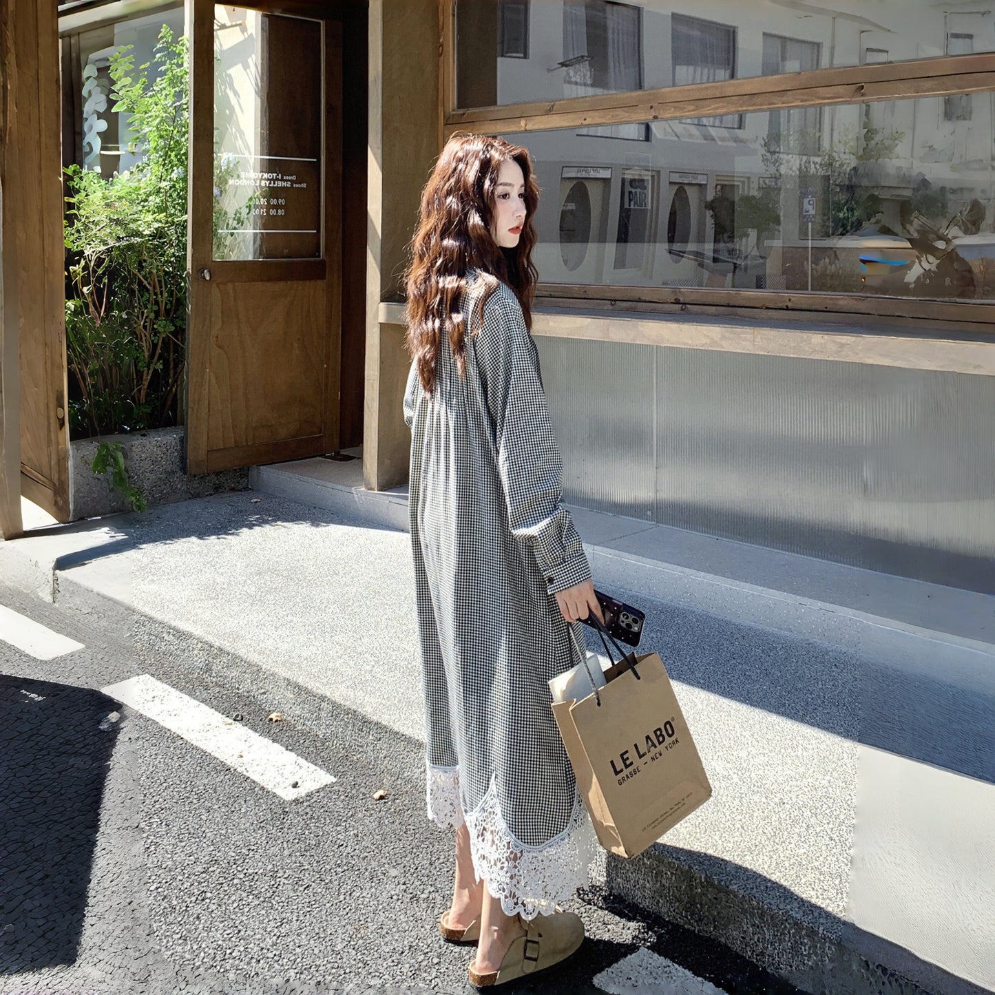 【ワンピース】 カジュアル ゆったり スウィート 若見え レース チェック 長袖ワンピース【JZシリーズ】【SHシリーズ】