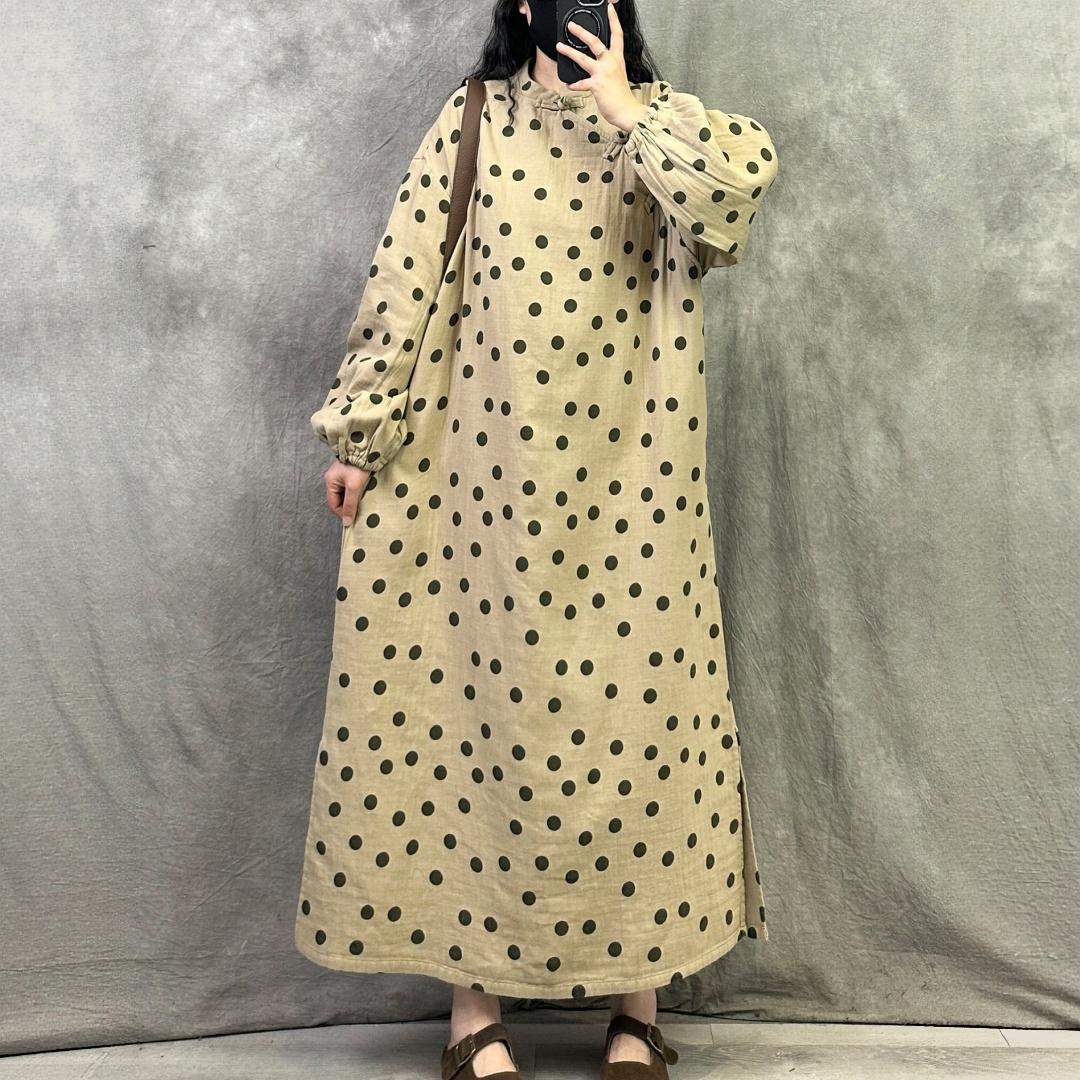 【ワンピース】レトロスタイル リネン ゆったり ベルト 長袖 ワンピース 【JZシリーズ】