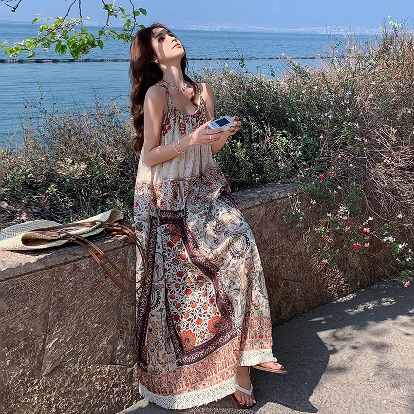 【ワンピース】夏新作 ボヘミアンプリント ノースリーブキャミワンピース リゾートビーチスタイル【SHシリーズ】