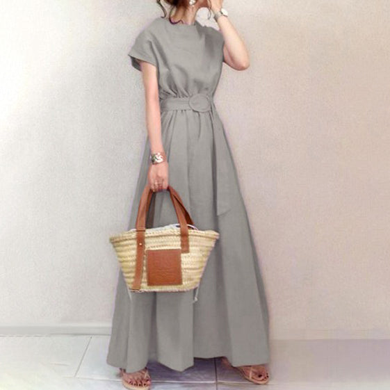 【ワンピース】夏 全5色 大きい裾 ベルト付き ゆったり 大きいサイズ 半袖ワンピース