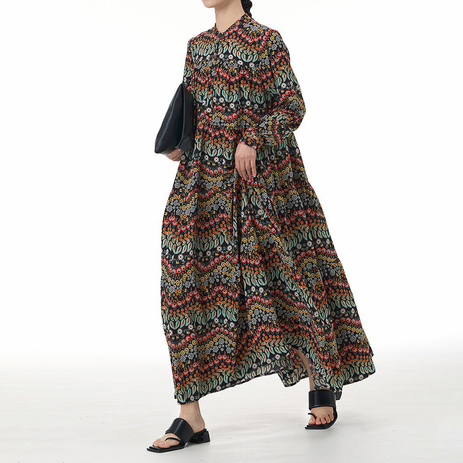 【ワンピース】ボヘミアン風 レトロ ティアードワンピース 春夏新作 大きいサイズ レディース ゆったり 長袖 体型カバー ロングワンピース【SHシリーズ】