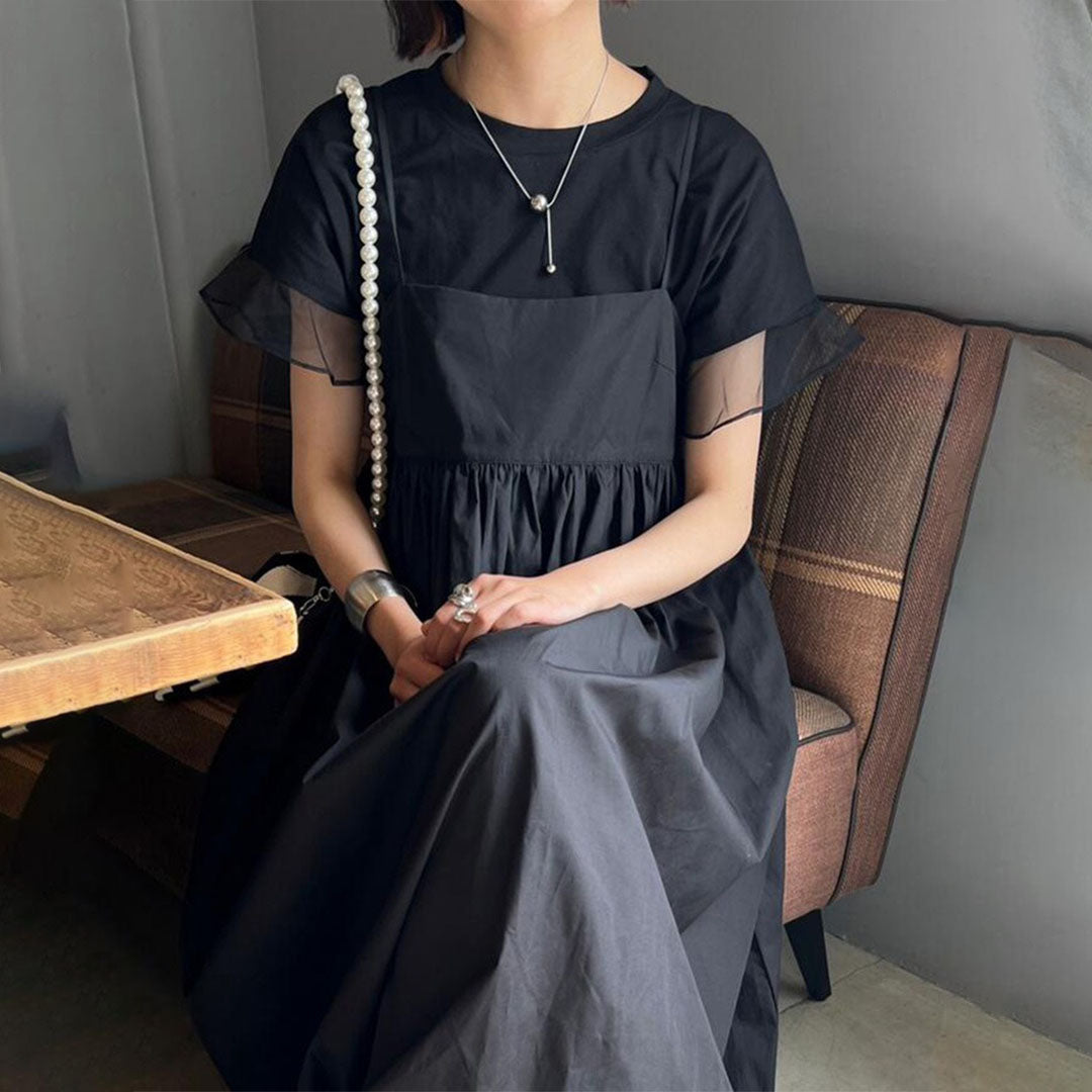 【ワンピース】無地 夏 Aライン ノースリーブ 半袖ワンピース