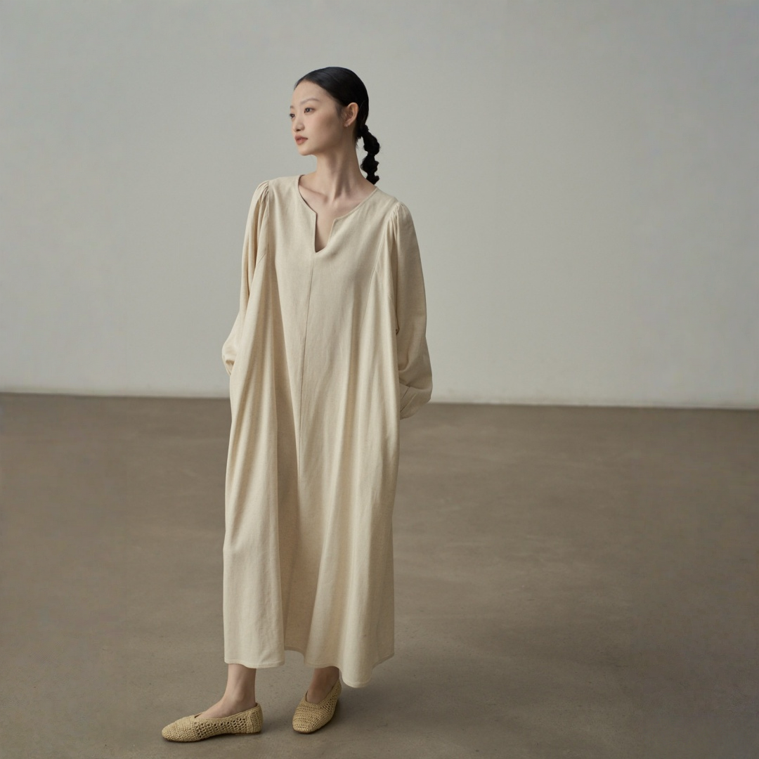 【ワンピース】ナチュラルテイスト Vネック 上品な雰囲気 長袖 ワンピース【JZシリーズ】