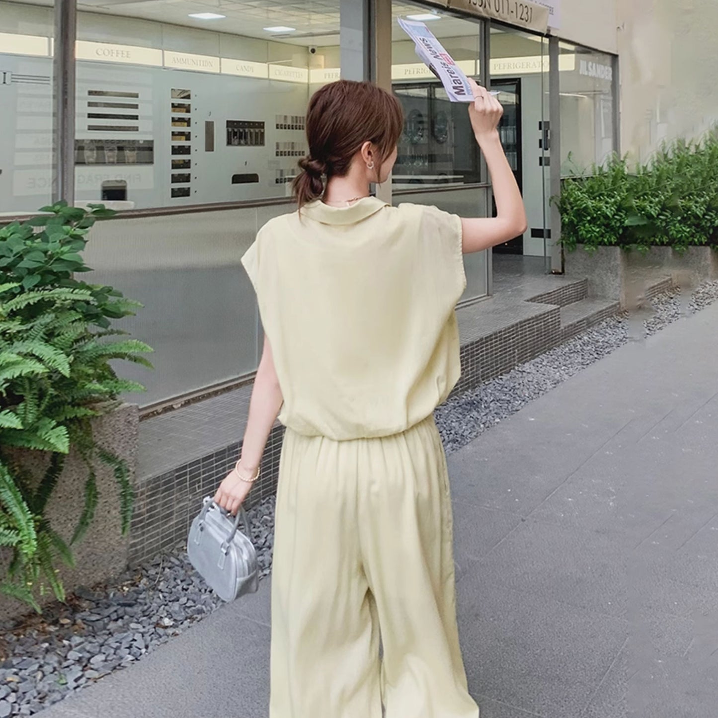 2点セット!【セットアップ】カジュアル気質 ネイビーシャツ×ワイドパンツ 上下セット レディース 夏 クールでカッコいい2点セットコーデ【JZシリーズ】