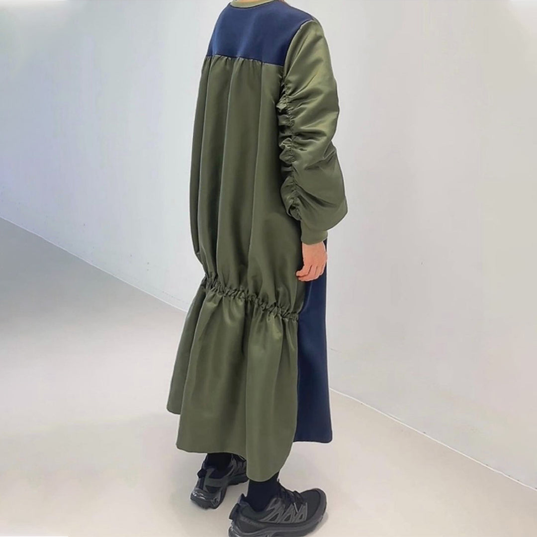 【ワンピース】chic レトロ 配色 切り替えしシャーリング 長袖ワンピース