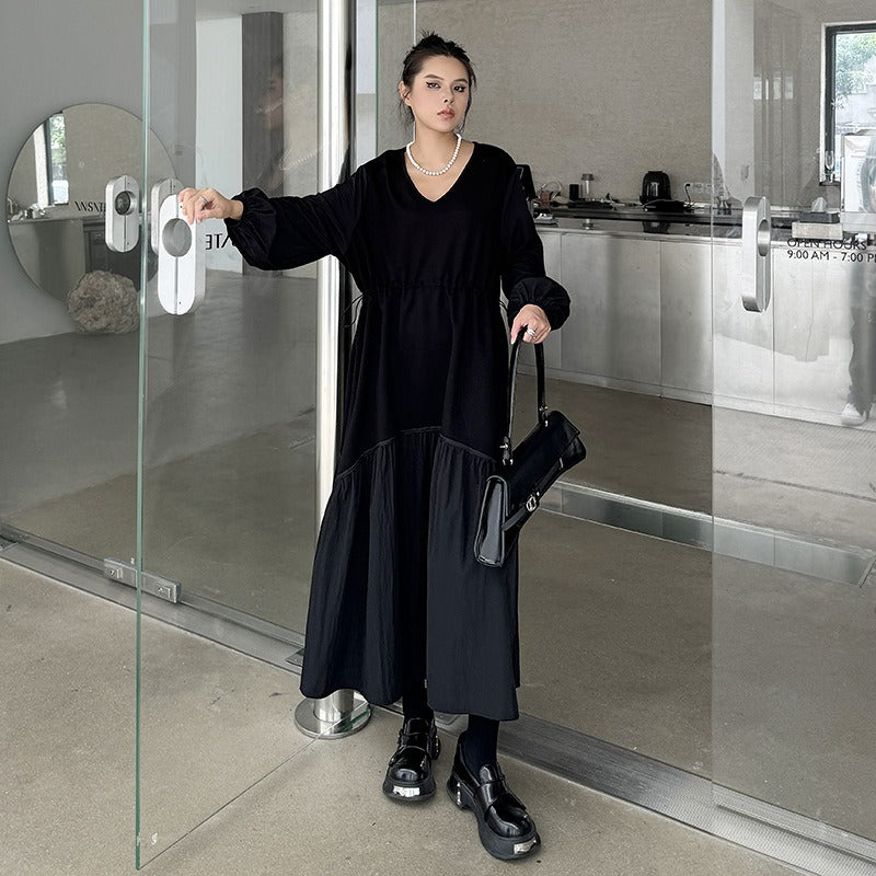 【ワンピース】細見え 日系 Vネック 無地 長袖ワンピース 切替デザイン ゆったり 気質ロング【JZシリーズ】【AHシリーズ】