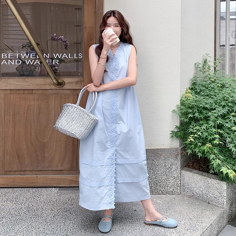 【ワンピース】ライトブルー レーストリム ノースリーブワンピース 夏 ロング丈 気質アップ【JZシリーズ】