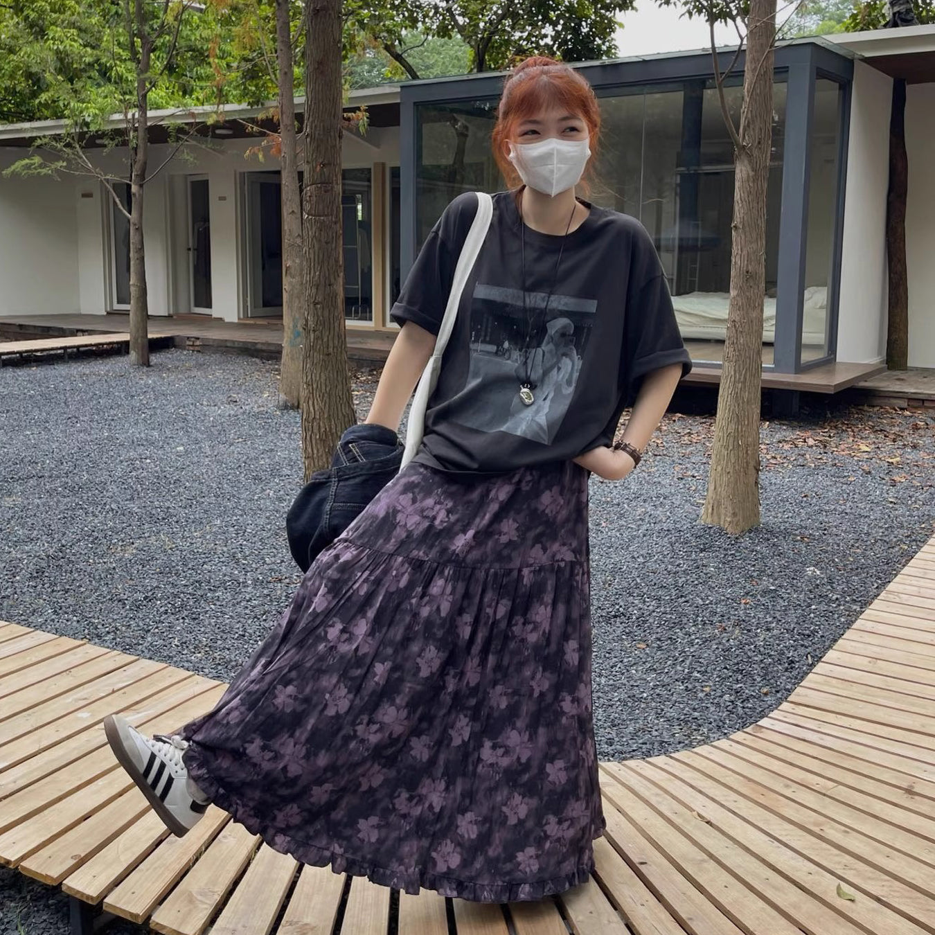 【ボトムス】花柄 ハイウエスト ゴム入り Aラインロングスカート レディース ゆったり 体型カバー 細見え シフォン 春夏秋コーデ万能【SHシリーズ】