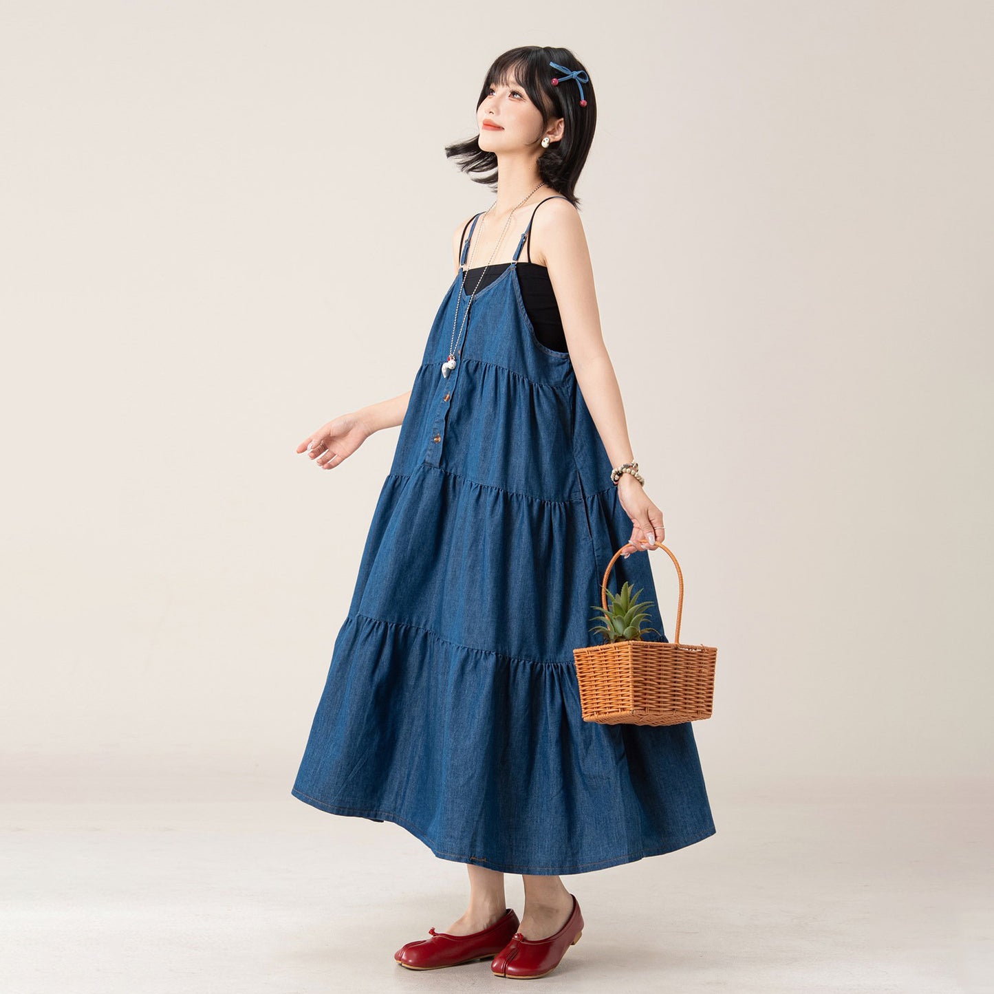 【ワンピース】デニムキャミワンピース レディース ノースリーブ ロング丈 フレアシルエット オーバーサイズ ヴィンテージ風【JZシリーズ】