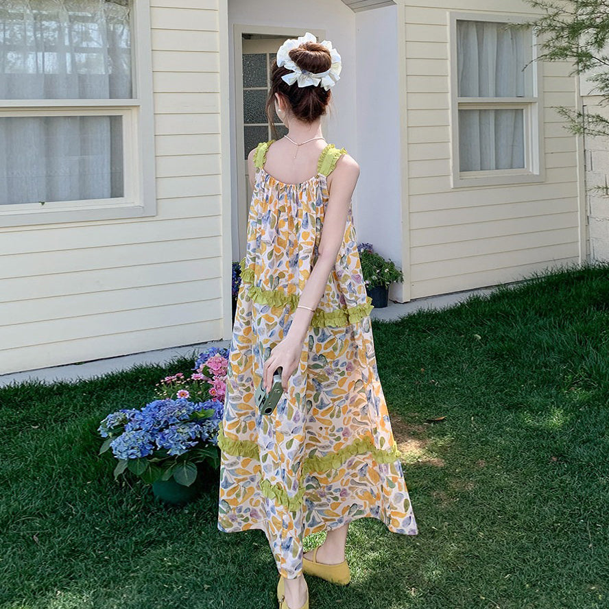 【ワンピース】大人可愛い 花柄 キャミワンピース レディース 夏 フリル 配色デザイン ノースリーブ ロング丈 フェミニン ワンピース【SHシリーズ】