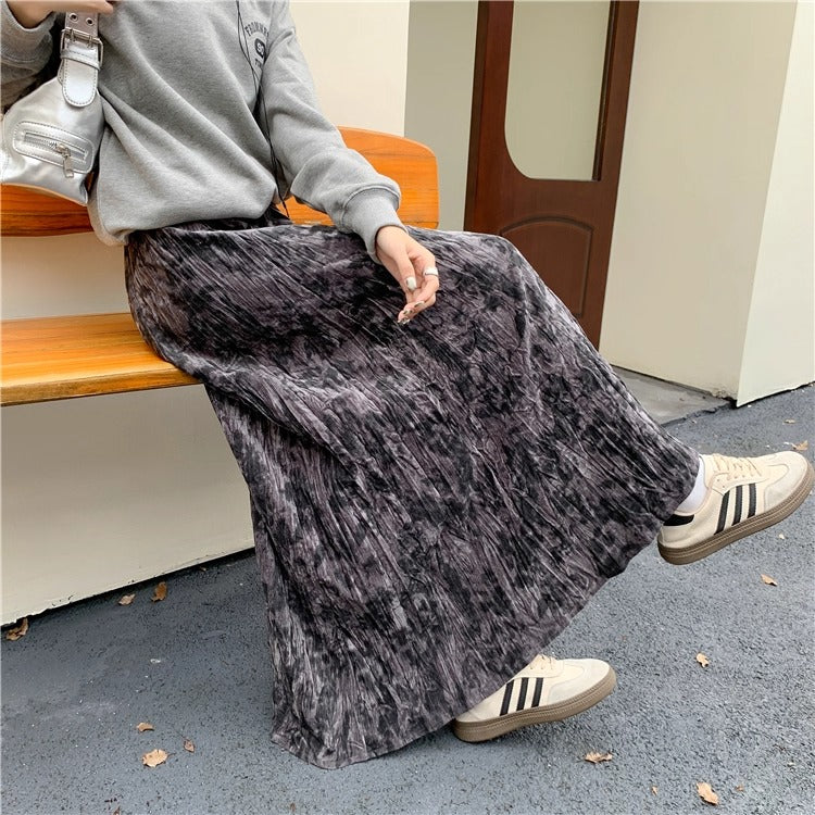 【ボトムス】プリーツ ゆったり ヒップカバー Aラインロングスカート 水墨画柄 ベルベットスカート【SHシリーズ】