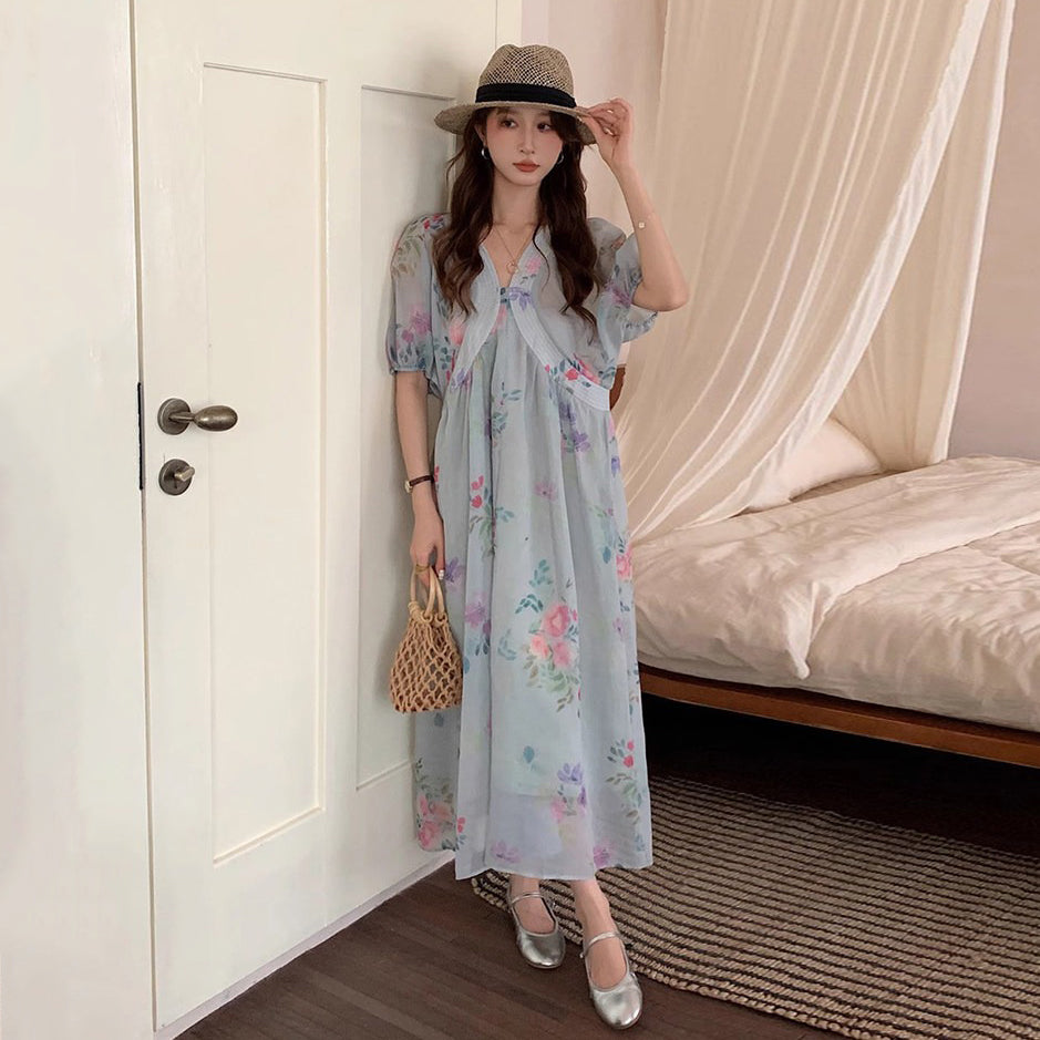 【ワンピース】リゾート風 Vネック シャーリング パフスリーブ 半袖 フラワーワンピース 夏新作 レトロロマンチック Aラインロングドレス レディース【SHシリーズ】