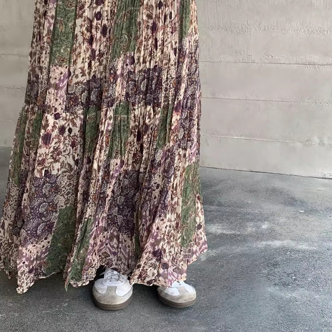 【ボトムス】ヴィンテージ 配色フ レディース 韓国風 ゆったりハイウエストAライン ロングスカート トレンド【SHシリーズ】