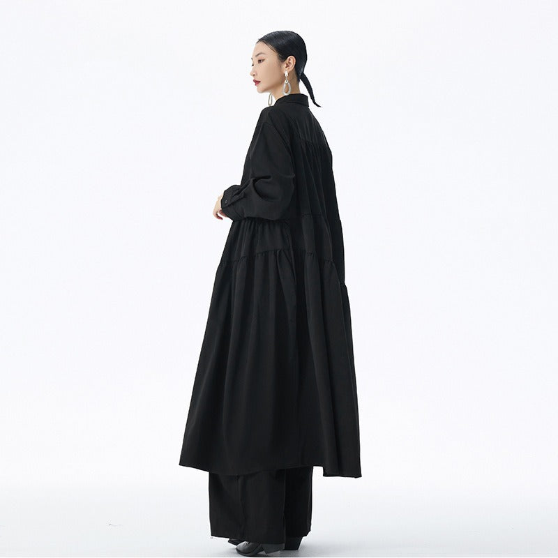 【ワンピース】フレンチ風 切替プリーツ POLO襟 長袖ワンピース ゆるシルエット ロング【JZシリーズ】