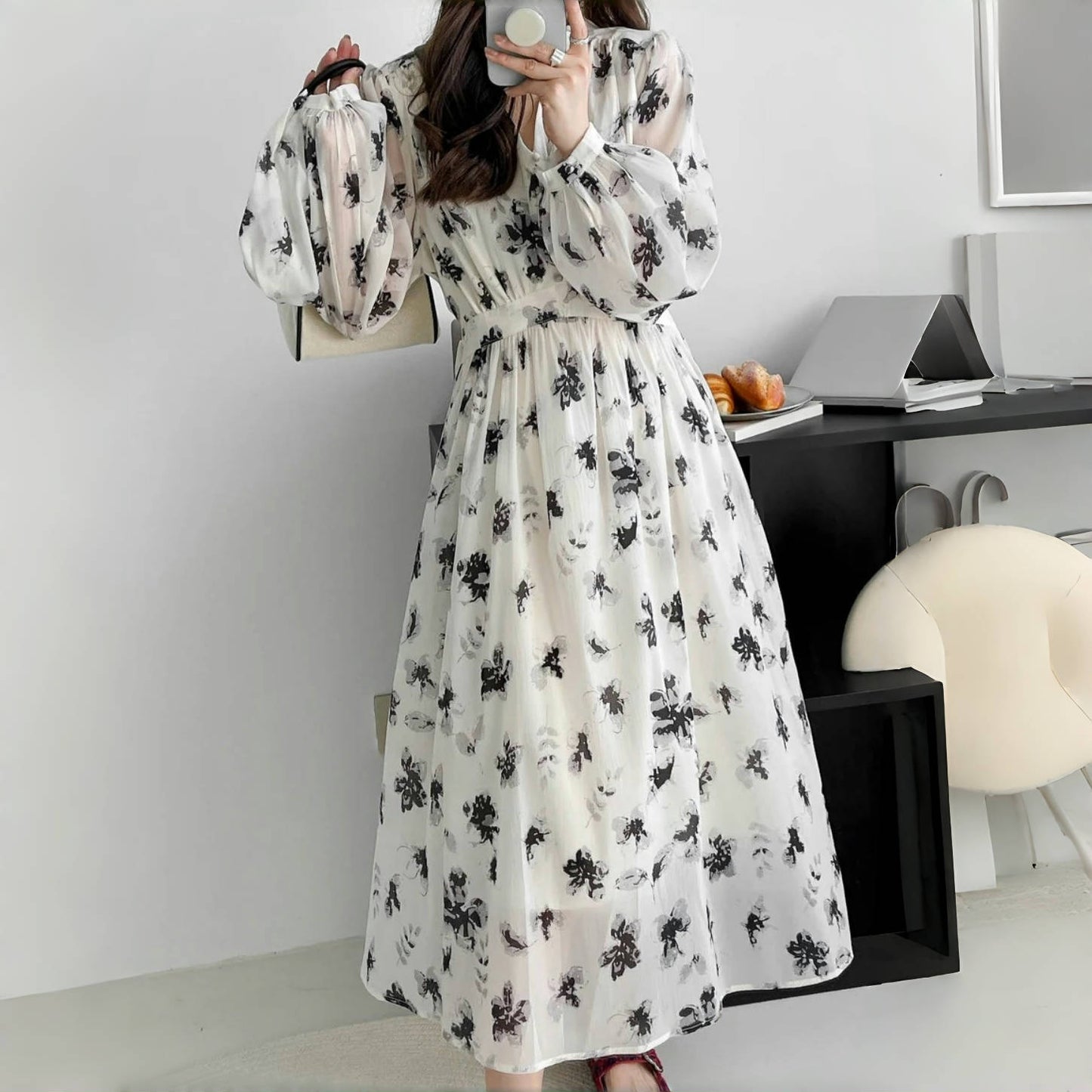 【ワンピース】春秋 レトロ 花柄 Vネック シフォン 着痩せ 長袖ワンピース【JZシリーズ】