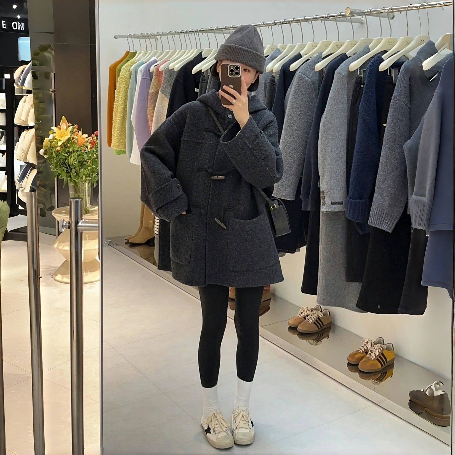 【アウター】秋冬 ラシャ生地 中綿入り ボタン付き フード付き コート