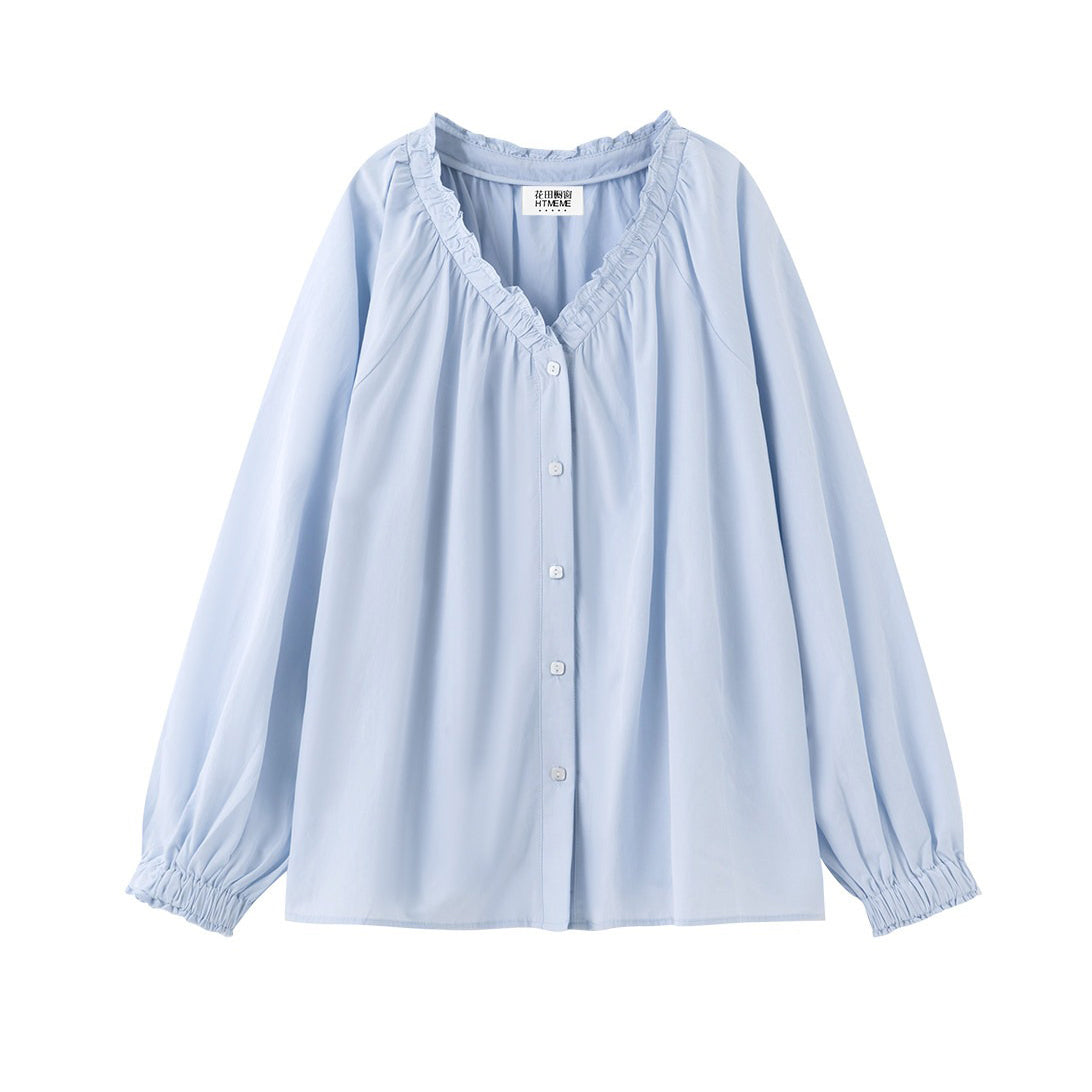 【トップス】海塩ライチ ~ レーヨン混シャツ Vネック プリーツ シャツ レディース ワイドシルエット 長袖【JZシリーズ】