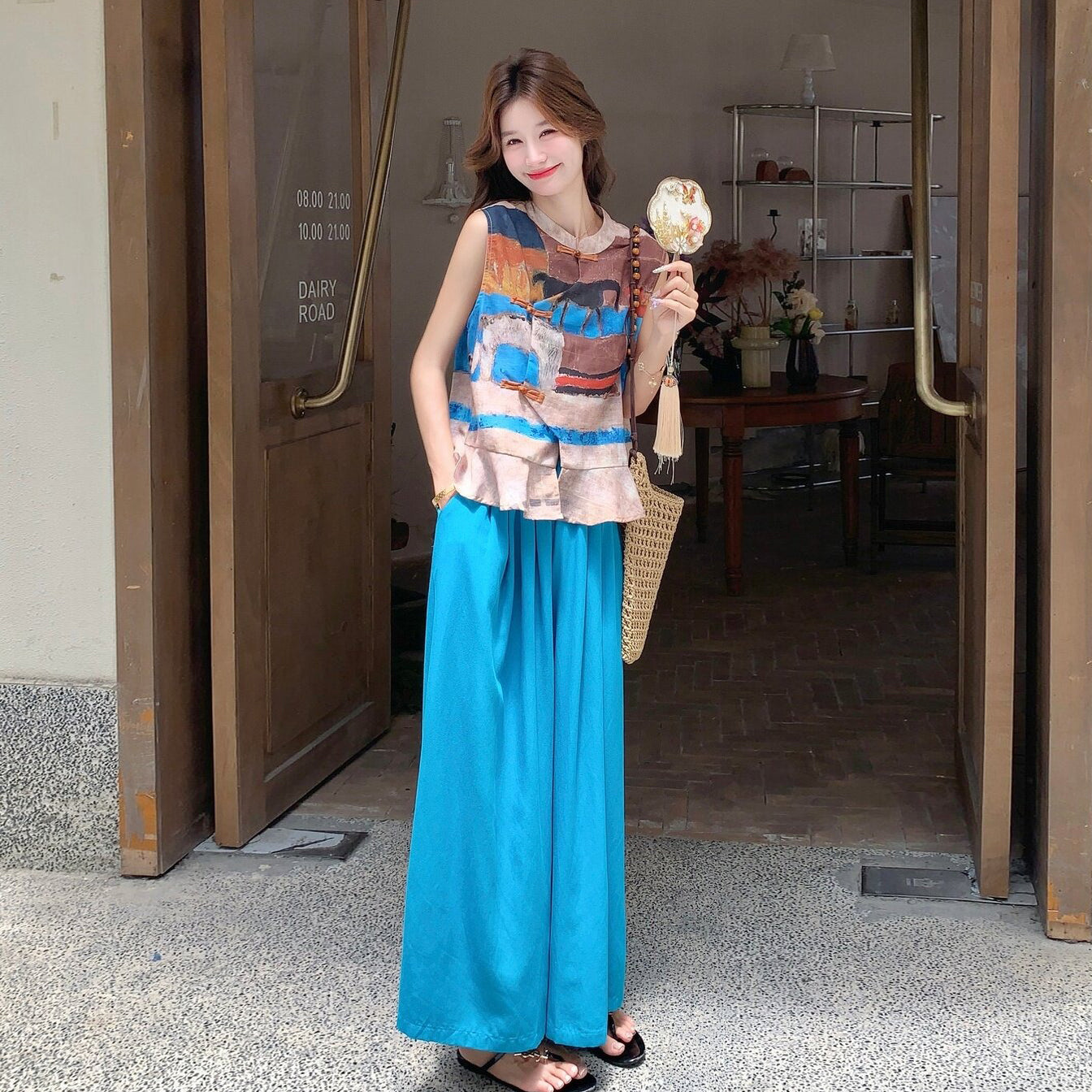 2点セット!【セットアップ】チャイナ風 レディース ノースリーブトップス ワイドパンツ 花柄デザイン 上下セット 上品【SHシリーズ】