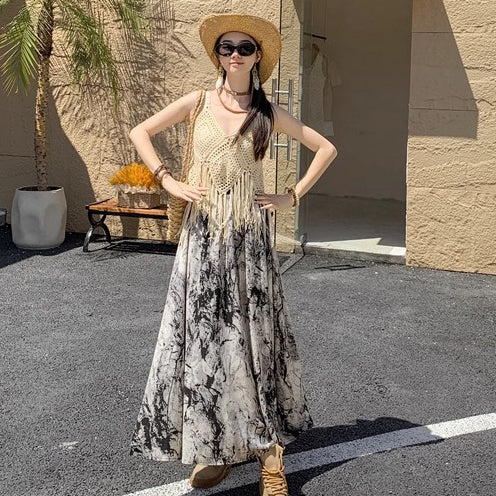 【ボトムス】ハイウエスト レトロ水墨柄 フレアロングスカート Aライン シフォンスカート【SHシリーズ】