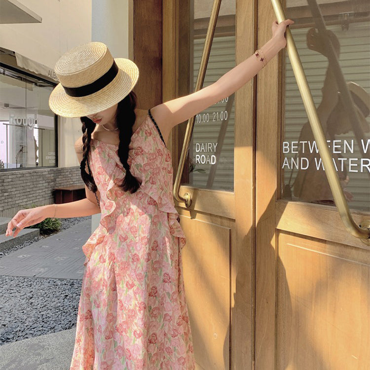 【ワンピース】夏 ゆったりデザイン シェイプアップ フリル フラワーキャミソールワンピース【SHシリーズ】