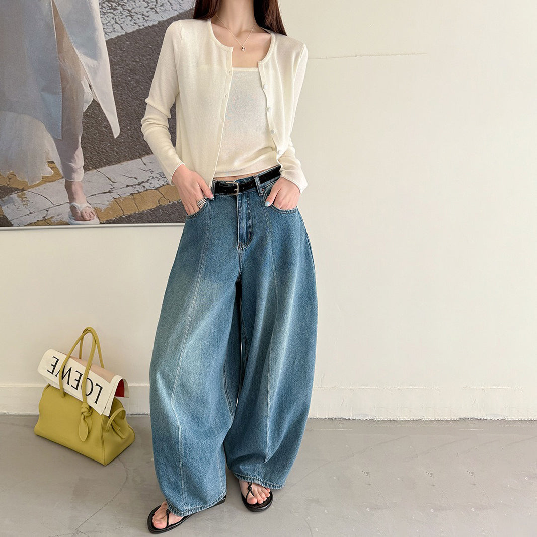 【ボトムス】バルーンデニムパンツ レディース 春新作 ゆったり 体型カバー カジュアル シンプル 無地【JZシリーズ】