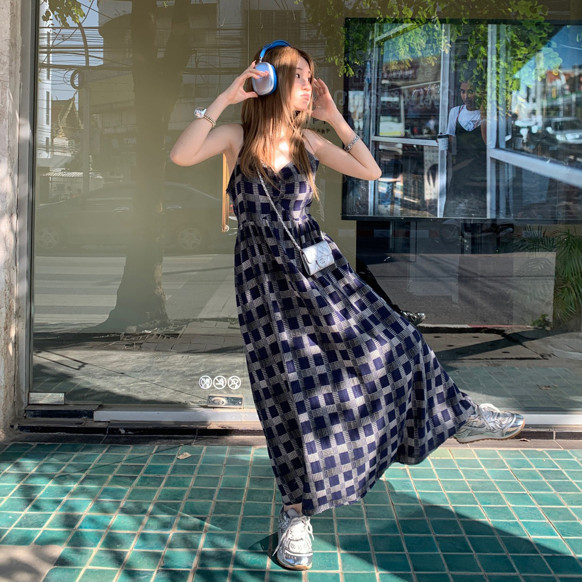 【ワンピース】気質 細見え ゆったり シルエットレトロ チェック柄 ノースリーブワンピース【SHシリーズ】
