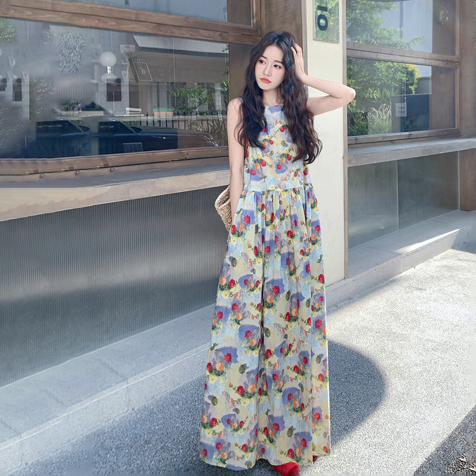 【ワンピース】夏 バカンス風 ロマンティック ドーパミン フラワープリント ノースリーブワンピース【SHシリーズ】