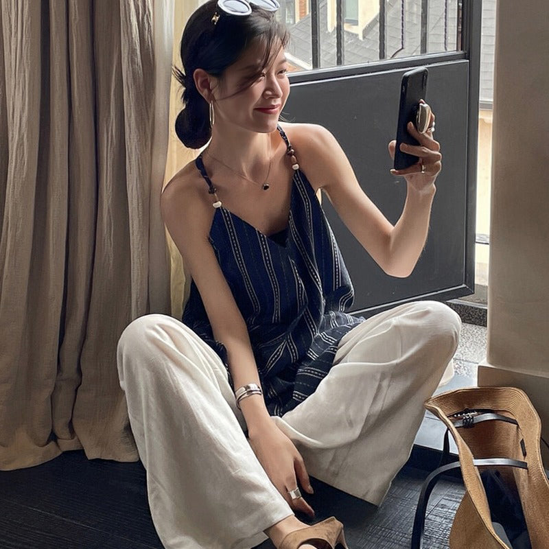 【トップス】夏 フレンチVネック ストライプキャミソール ゆったりシルエット×バックオープンが大人映え【SHシリーズ】