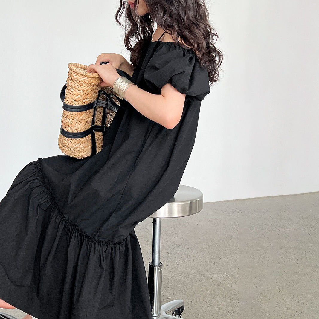 【ワンピース】韓国風スウィート 夏新作 オフショルダー パフスリーブ 半袖ワンピース【SNシリーズ】