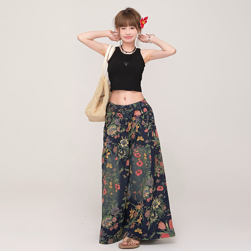 【ボトムス】フローラルプリント デニムワイドパンツ レディース ヴィンテージ加工 ルーズ カジュアル【SHシリーズ】