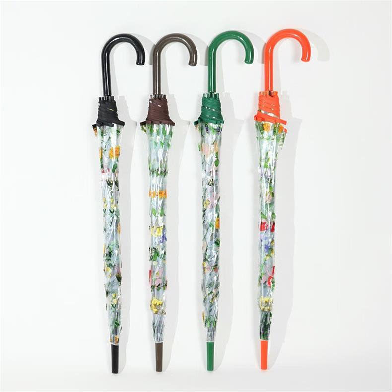 【グッズ】高見えフラワー 小花柄 カーブハンドル 長傘 半自動 透明アンブレラ【SHシリーズ】