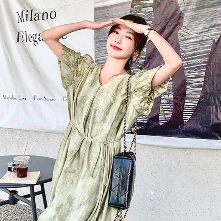 【ワンピース】ワンピース レディース タイダイ柄 グリーン Vネック 半袖 ロング丈 ゆったり リゾート風 フレンチ風【SHシリーズ】