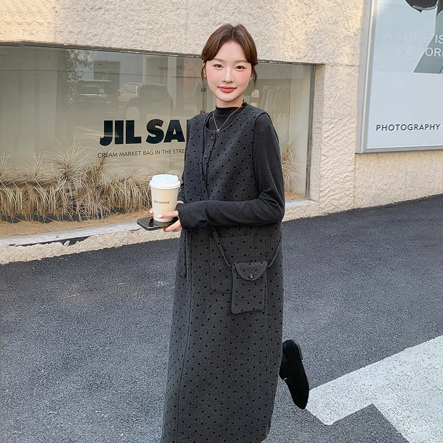 2点セット!【セットアップ】韓国風 ドット柄ウールベストワンピース+インナートップス セット【JZシリーズ】