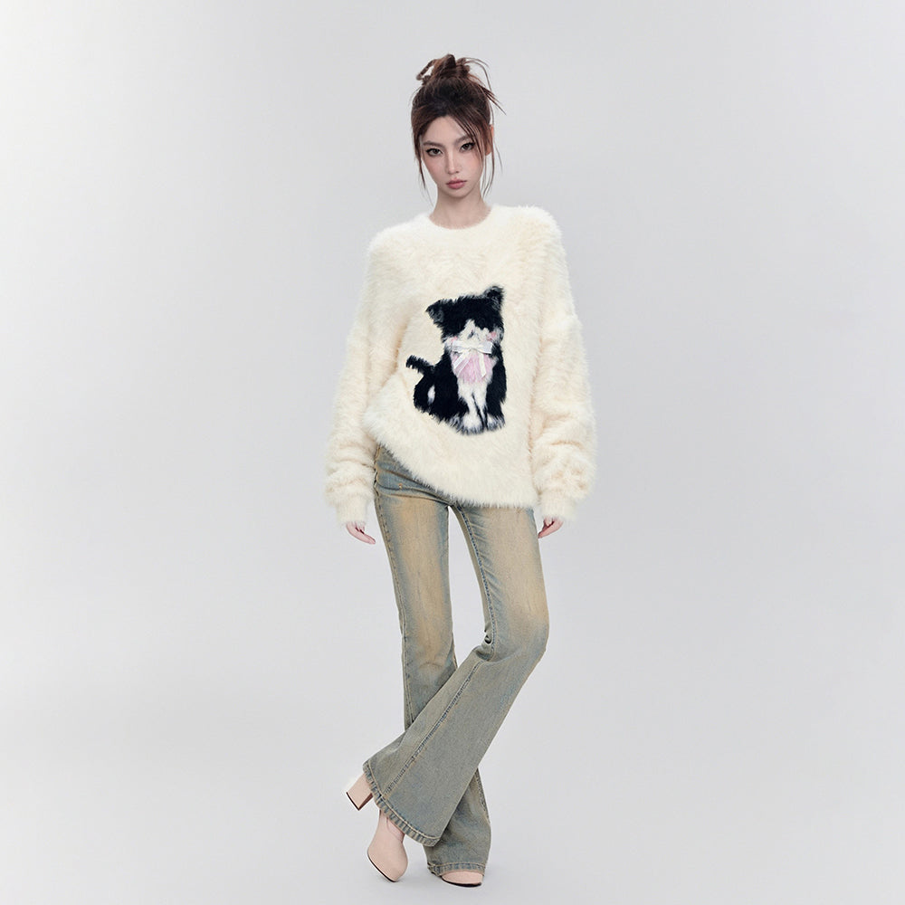 【トップス】ふわふわ 猫モチーフ ミンク風 秋冬 厚手 ゆったり マハラム風 クルーネック セーター【FCシリーズ】