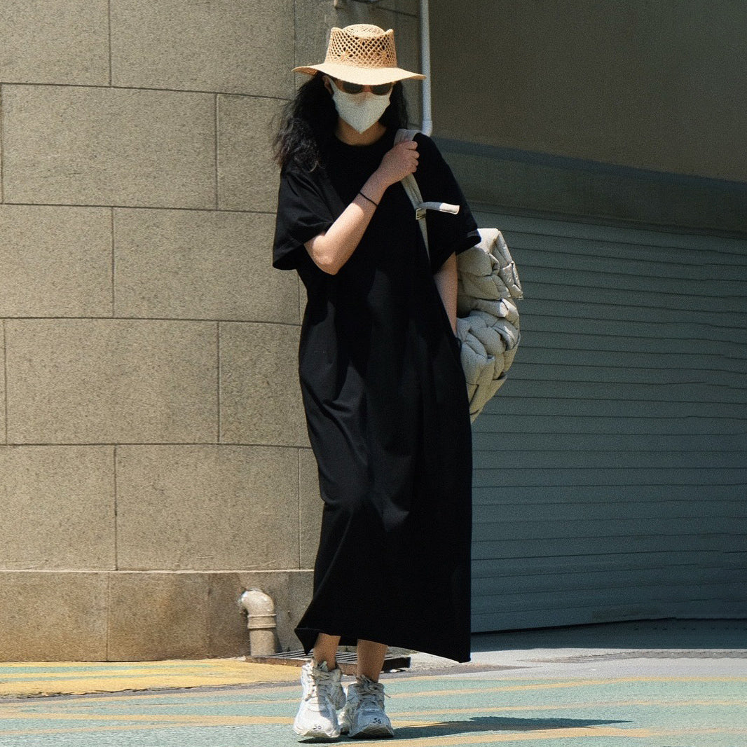 【ワンピース】夏新作 ゆったりシルエット 着痩せ効果 韓国風 カジュアル スポーティー 半袖Tシャツワンピース【JZシリーズ】