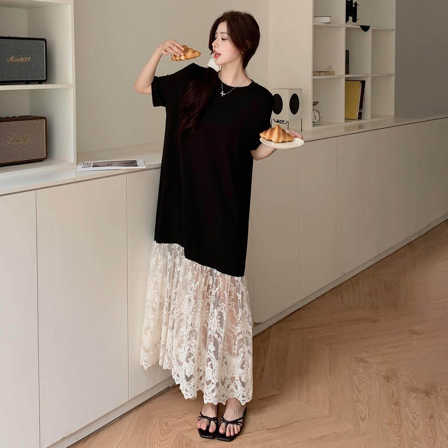 【ワンピース】1枚で楽ちんコーデ完成✨レディース ブラック ワンピース 半袖 ロング丈 レース切り替え マーメイド裾 ゆったり 夏新作【JZシリーズ】