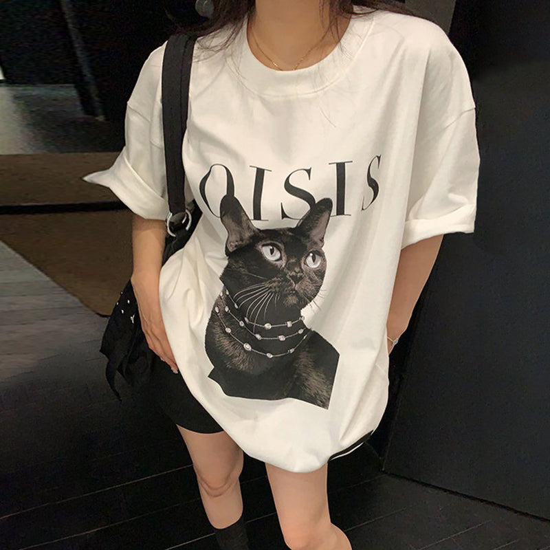 【トップス】ダークアート 猫プリントTシャツ レディース ゆったり こなれ感 半袖【FCシリーズ】