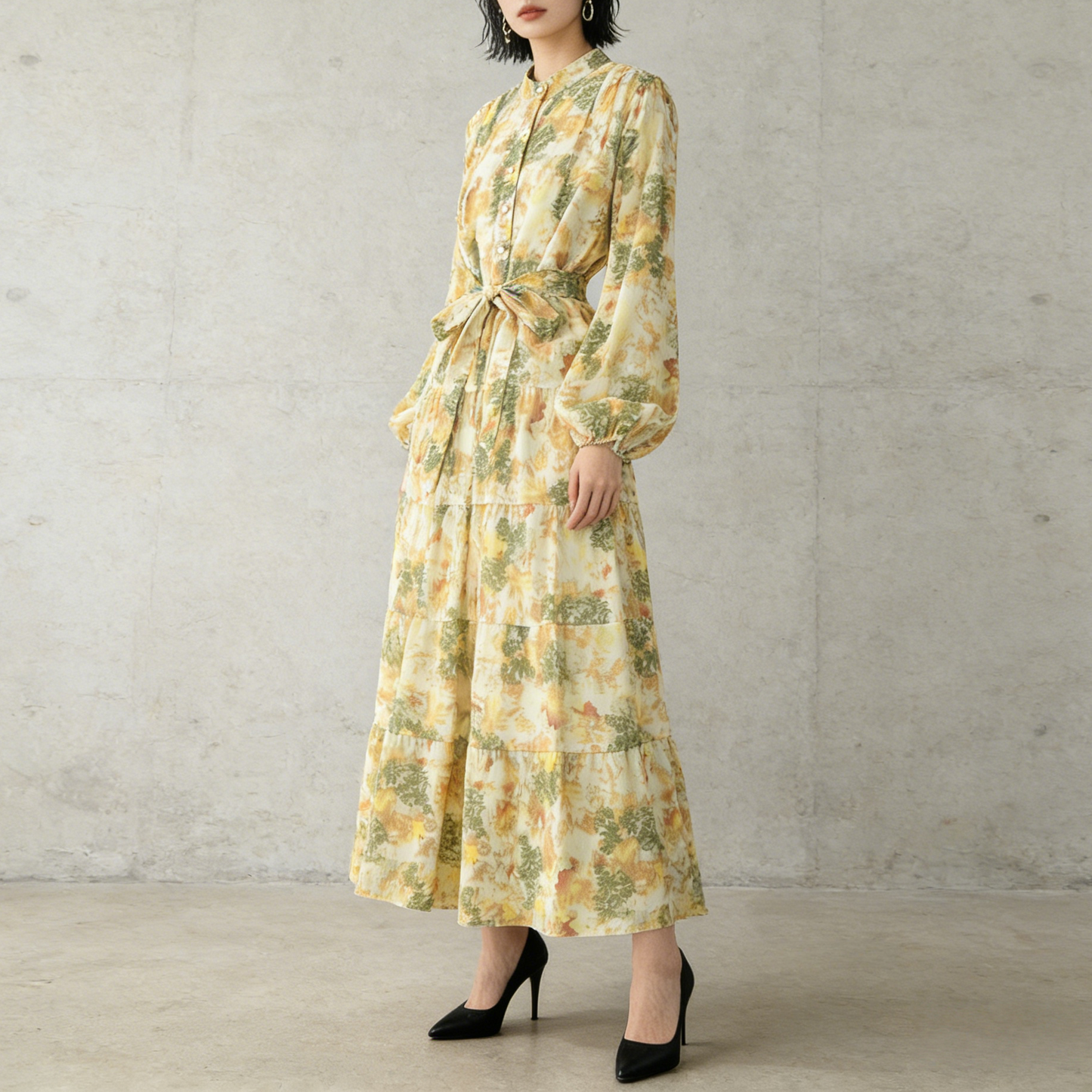 【ワンピース】シフォン フェミニン ウエスト切り替え 長袖 ワンピース【SHシリーズ】