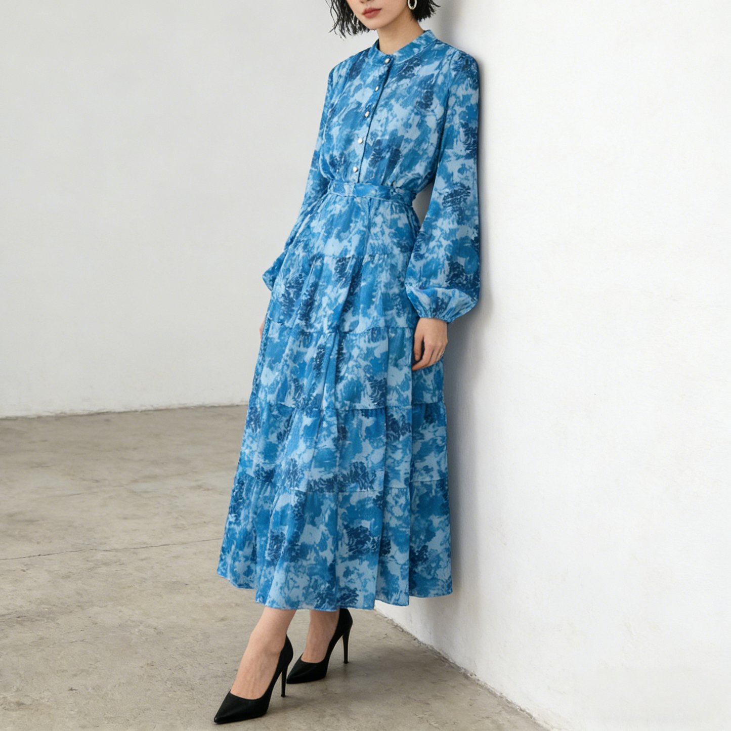 【ワンピース】シフォン フェミニン ウエスト切り替え 長袖 ワンピース【SHシリーズ】