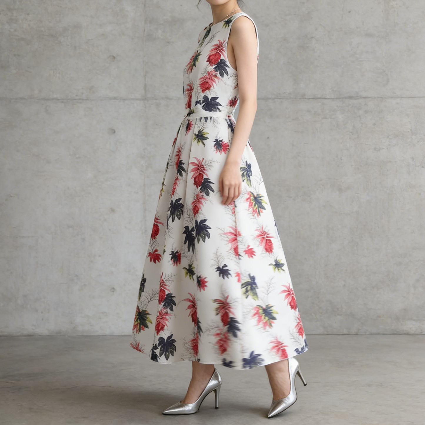 ✨パーティー・お呼ばれ【ワンピース】 花柄華やかプリント ノースリーブワンピース ウエストマーク Aラインロングドレス【SHシリーズ】