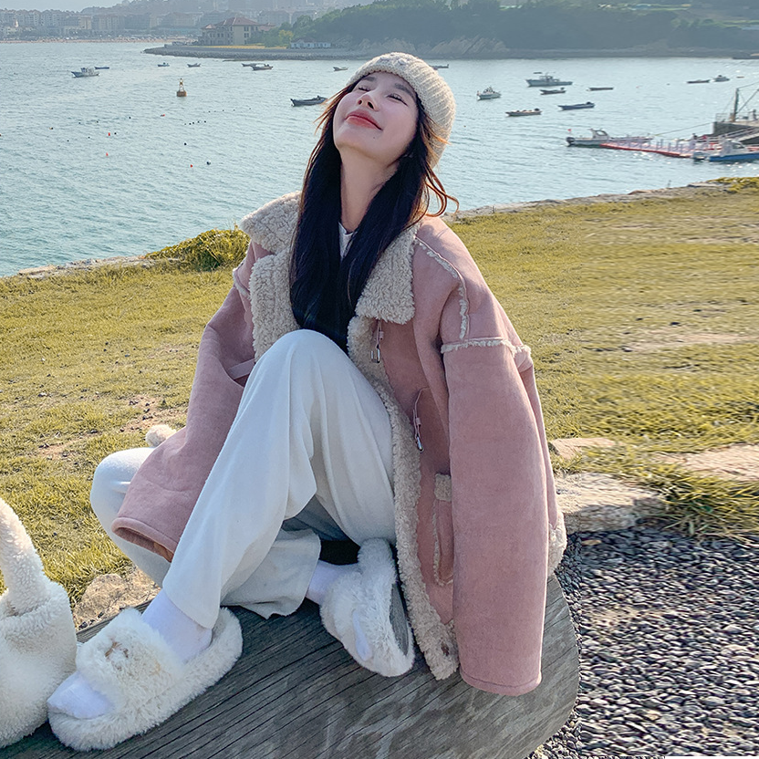 【アウター】冬新作 レディース ピンク スエード ボアコート フェイクムートン 厚手 あったか おしゃれ【JZシリーズ】