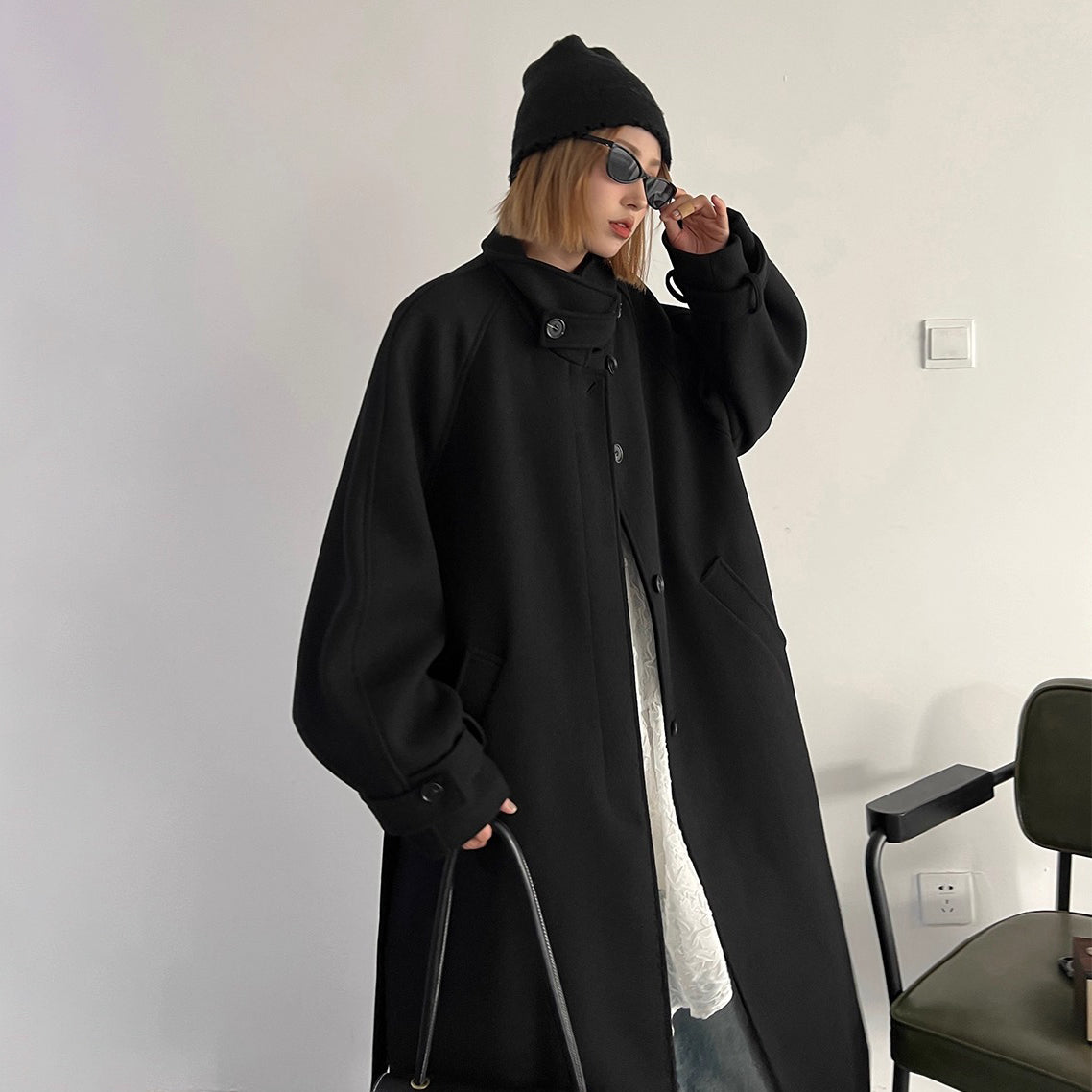 【アウター】秋冬 新作 レディース ウールコート 中長丈 スタンドカラー ラグランスリーブ ベルト付き 高級感【FCシリーズ】