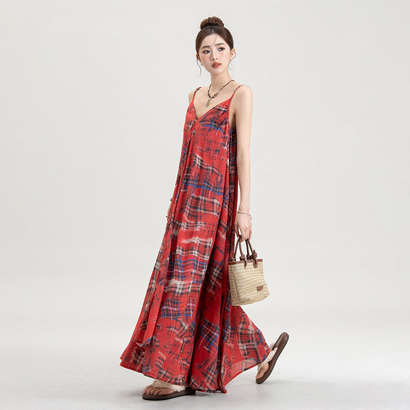 【ワンピース】チェック ワンピース レディース 夏 キャミワンピース ロング丈 ゆったり 人気 フレンチ風 上品 フェミニン リゾートコーデ【SHシリーズ】
