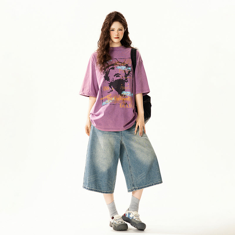 【トップス】アメリカンレトロ ヴィンテージ加工 プリント Tシャツ レディース メンズ 夏 半袖 クルーネック オーバーサイズ ペアルック カジュアル【FCシリーズ】