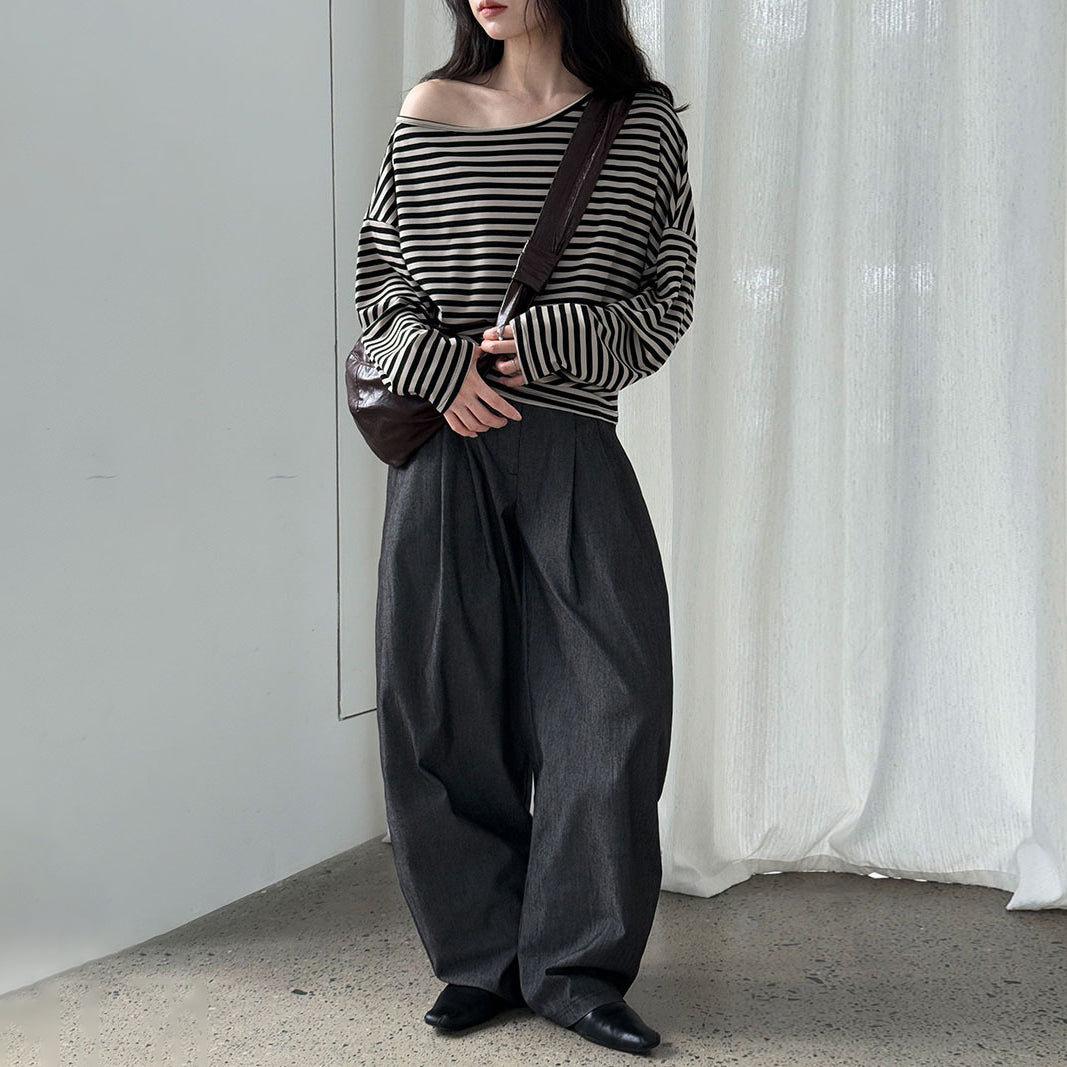 【トップス】韓国風ボーダー柄ワンショルダートップス|斜めオフショル×ゆるシルエットで抜け感&細見え【JZシリーズ】