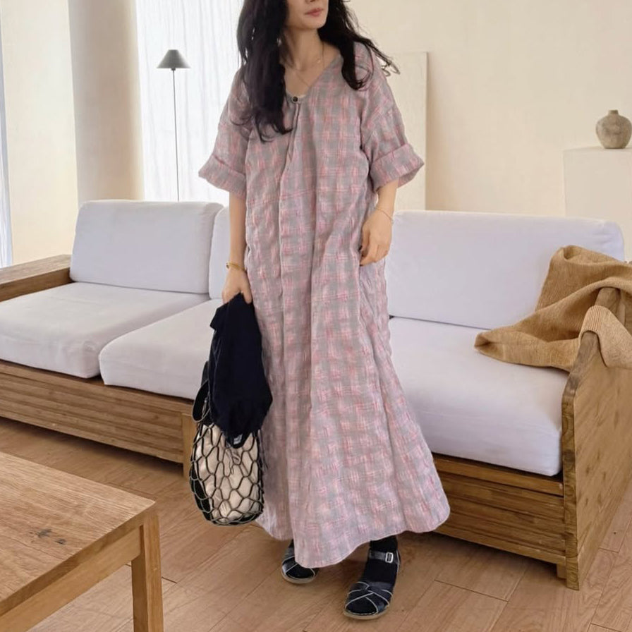 【ワンピース】配色チェック柄 半袖ワンピース|肌触りの良い ゆったり 体型カバーも叶うロング丈【SHシリーズ】