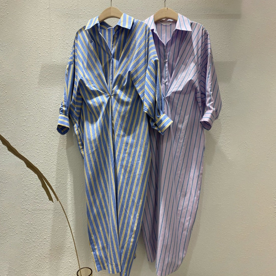 【連身裙】春秋夏條紋寬鬆長袖連身裙